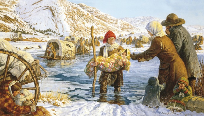 Мормонские пионеры у замерзшей реки